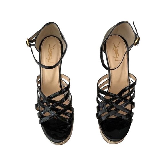 Yves Saint Laurent black patent gold cork heel sandals size 41 - Picture 1 of 10
